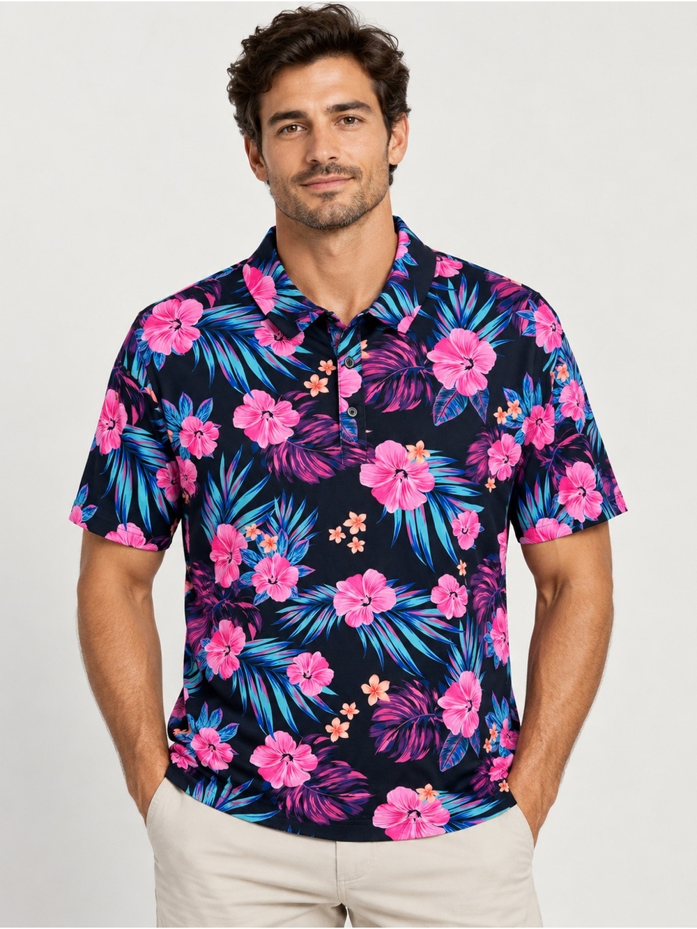 Birdie Bound Mens XL Tropical Floral Polo Shirt Pink Blue NWT